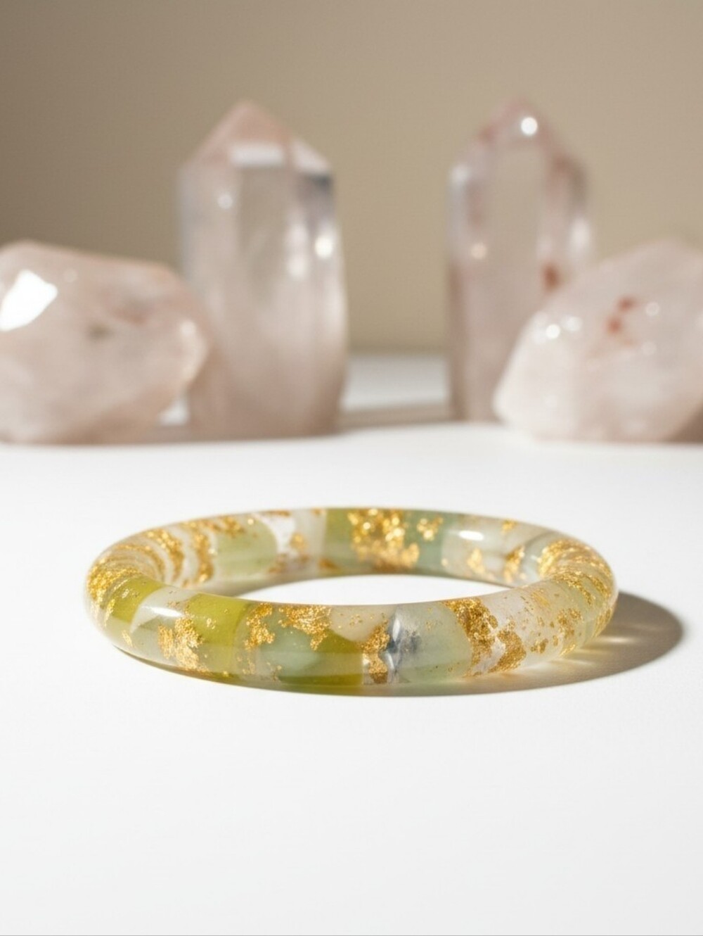 Gold Fleck & Genuine Jade Resin Bangle Bracelet - Women's Jewelry